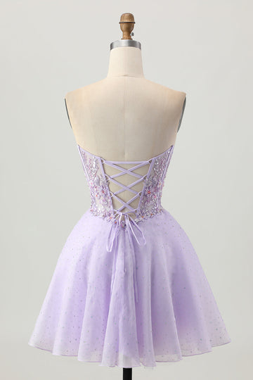 Sparkly A Line Strapless Sequins Lace Up Back Mini Lilac Cocktail Dress with Beading